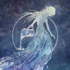 A watercolor illustration of the Aquarius zodiac sign, depicting a figure pouring water from a jug, with flowing hair and a flowing dress, set against a cosmic background.