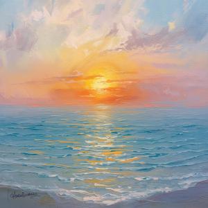 A serene sunset over a calm ocean, with vibrant colors reflecting on the water. The sky is painted with soft pinks and oranges as the sun dips below the horizon.