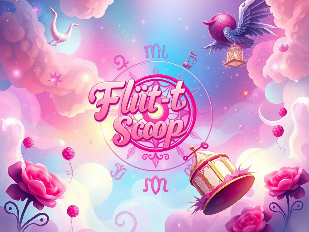 A whimsical and colorful illustration featuring clouds, flowers, and playful elements, showcasing the title 'Flirt-O-Scope' in a vibrant pink font.