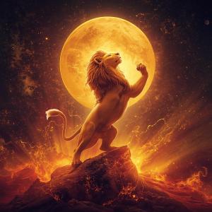 A majestic lion standing on a rocky peak, roaring passionately against a backdrop of a large glowing moon and vibrant colors, symbolizing strength and dominance.