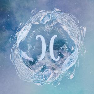 Artistic representation of the Pisces zodiac sign, featuring two fish swimming in a circular design, set against a soft blue and purple cosmic background.