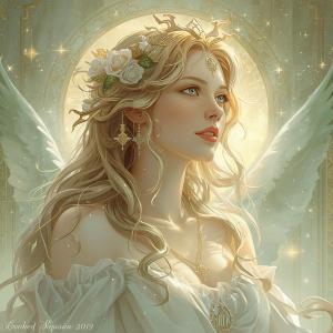 An ethereal angelic figure with long flowing hair adorned with flowers and golden accents, gazing thoughtfully. She has delicate wings and is dressed in a flowing white garment, surrounded by a soft, glowing background.