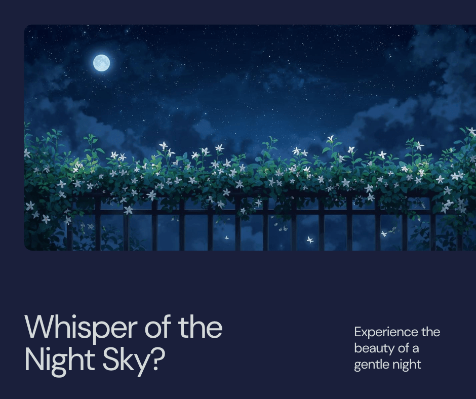 A serene night scene featuring a balcony with lush flowers, under a starry sky and a bright full moon casting a gentle glow.