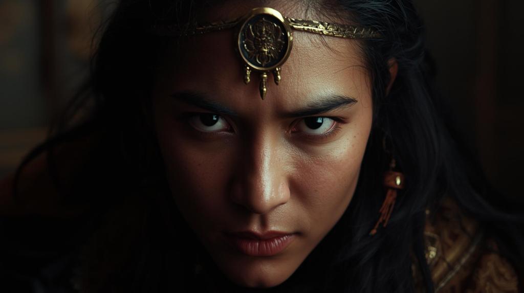 A close-up portrait of an intense-looking person with long dark hair and a decorative headpiece, conveying a sense of determination and focus.