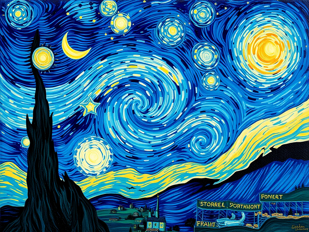 The Starry Night by Vincent van Gogh A vibrant interpretation of the night sky featuring swirling blue tones, bright stars, and a crescent moon, inspired by the painting 'The Starry Night' by Vincent van Gogh.
