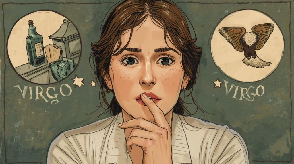 A thoughtful woman with brown hair and freckles is shown, symbolizing the Virgo zodiac sign. She appears contemplative, with one finger on her lips. Surrounding her are illustrations of an owl and a bottle, both representing characteristics of Virgo.