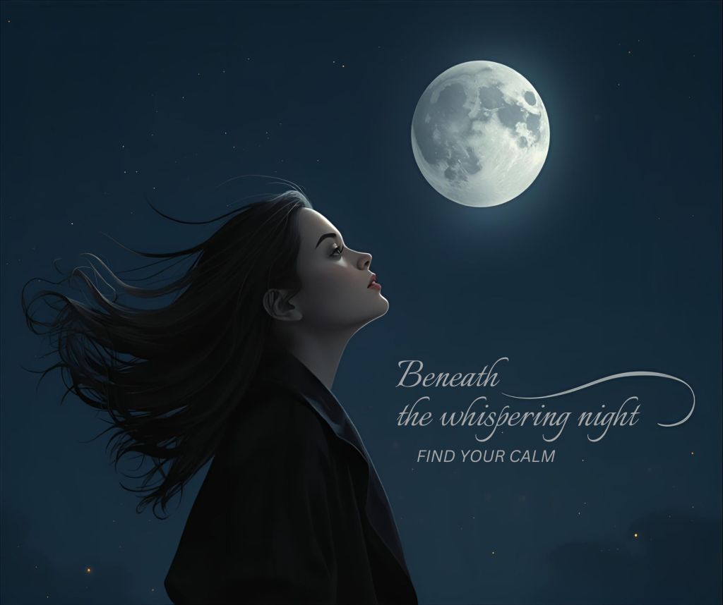 A woman standing under a starry night sky, gazing at a bright full moon, with a text overlay saying 'Beneath the whispering night, find your calm.'