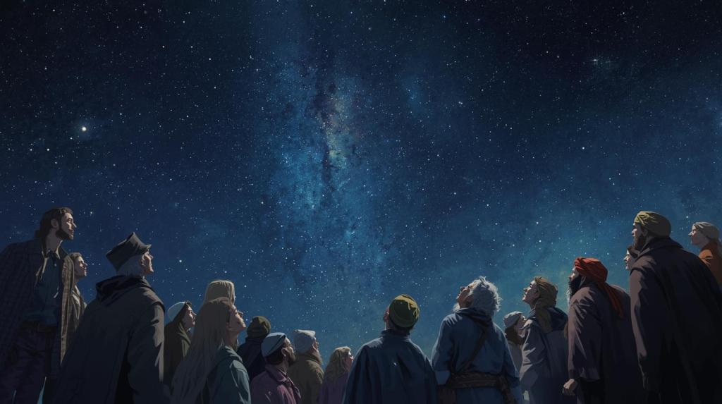 A group of diverse individuals gazes upward at a starlit sky filled with the Milky Way, symbolizing wonder and hope.