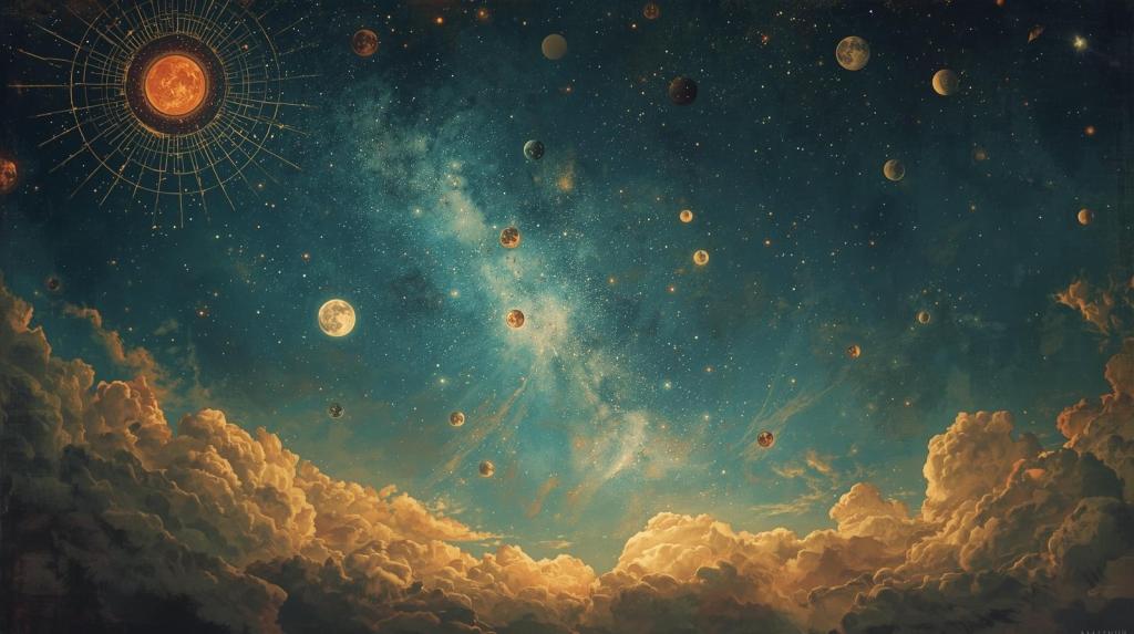 Throughout history, the sky has played a pivotal role in cultural narratives and mythologies, depicted as a vast canvas for celestial bodies like the sun, moon, and stars, which many ancient civilizations worshiped and attributed divine significance to, rendered in a painterly, illustrative style that evokes a sense of awe and wonder.