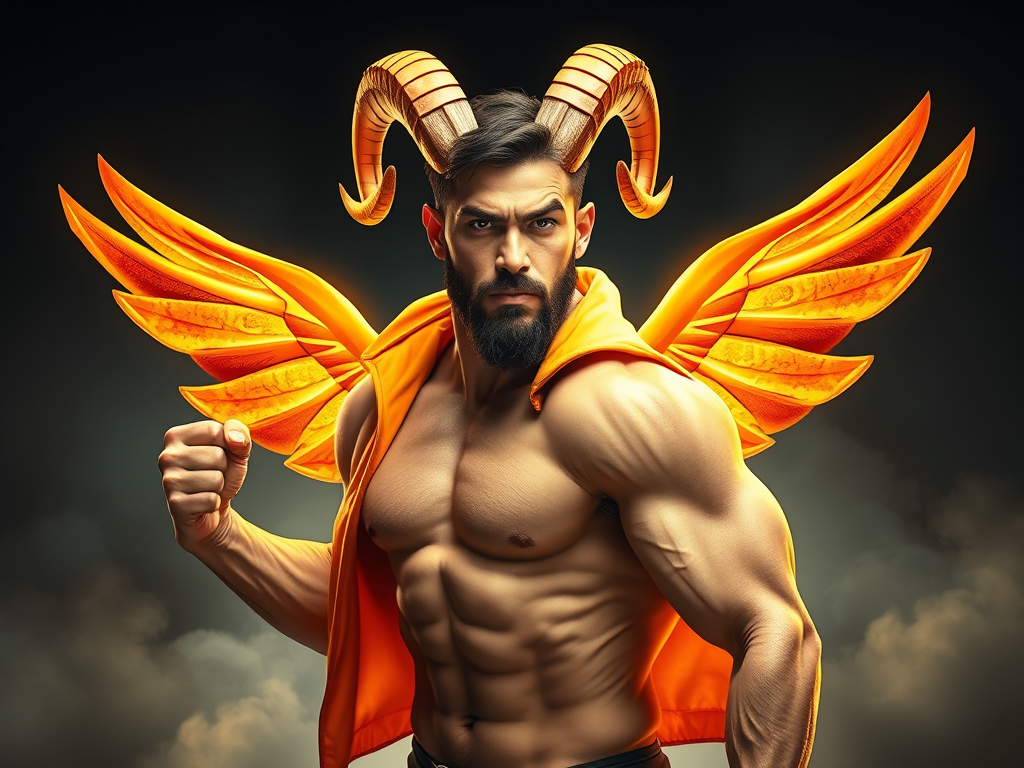 A muscular man with ram horns and orange wings, posed confidently with a determined expression, evoking the essence of Aries.