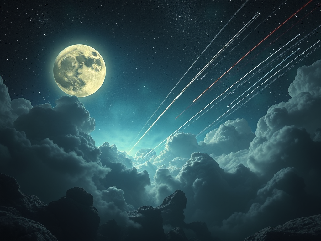 A dramatic night sky filled with clouds, a bright full moon, and streaks of meteors illuminating the dark atmosphere.