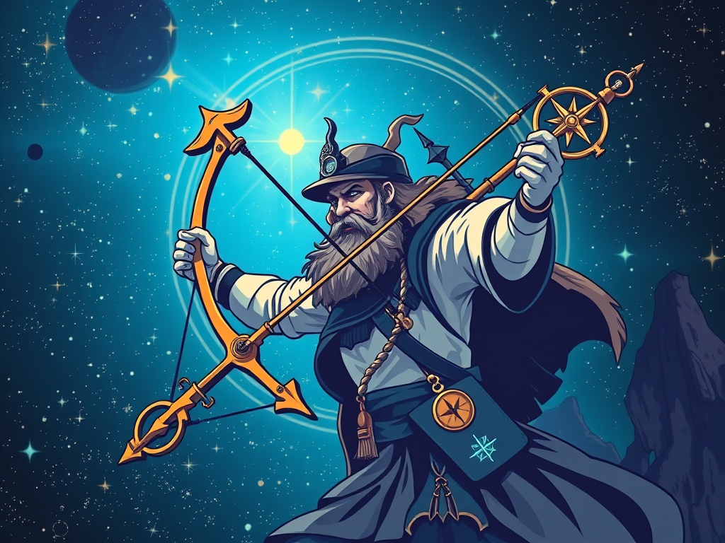 An illustrated depiction of a mythical figure representing Sagittarius, wielding a bow and arrow against a cosmic backdrop filled with stars and planets.