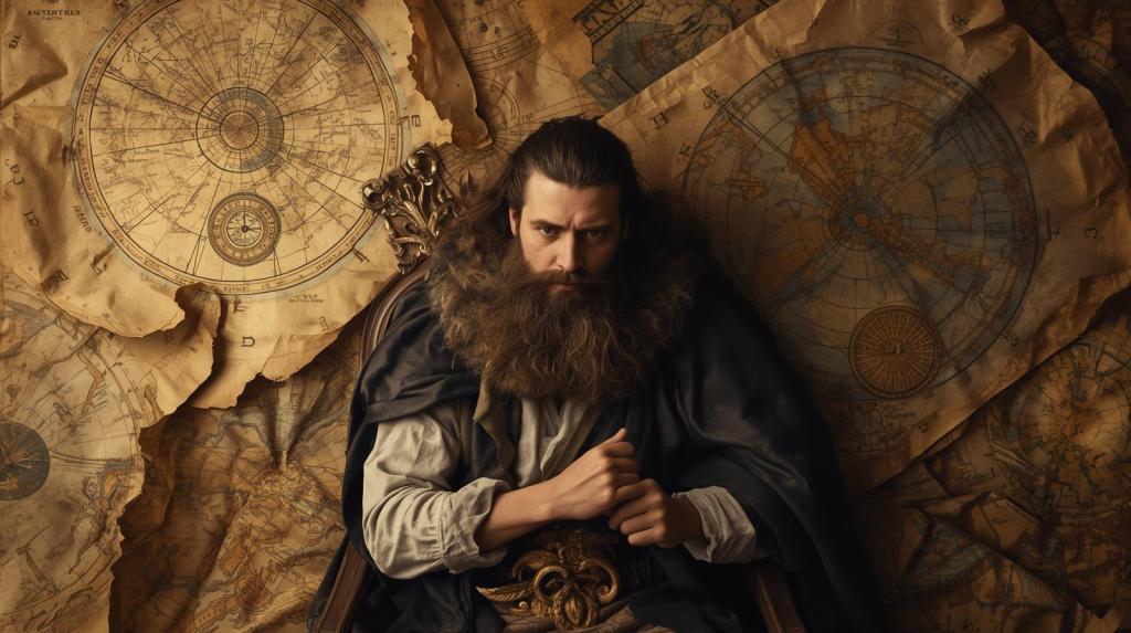 A man with a long beard sits on a throne, surrounded by ancient maps and navigational charts, exuding a sense of wisdom and mystery.