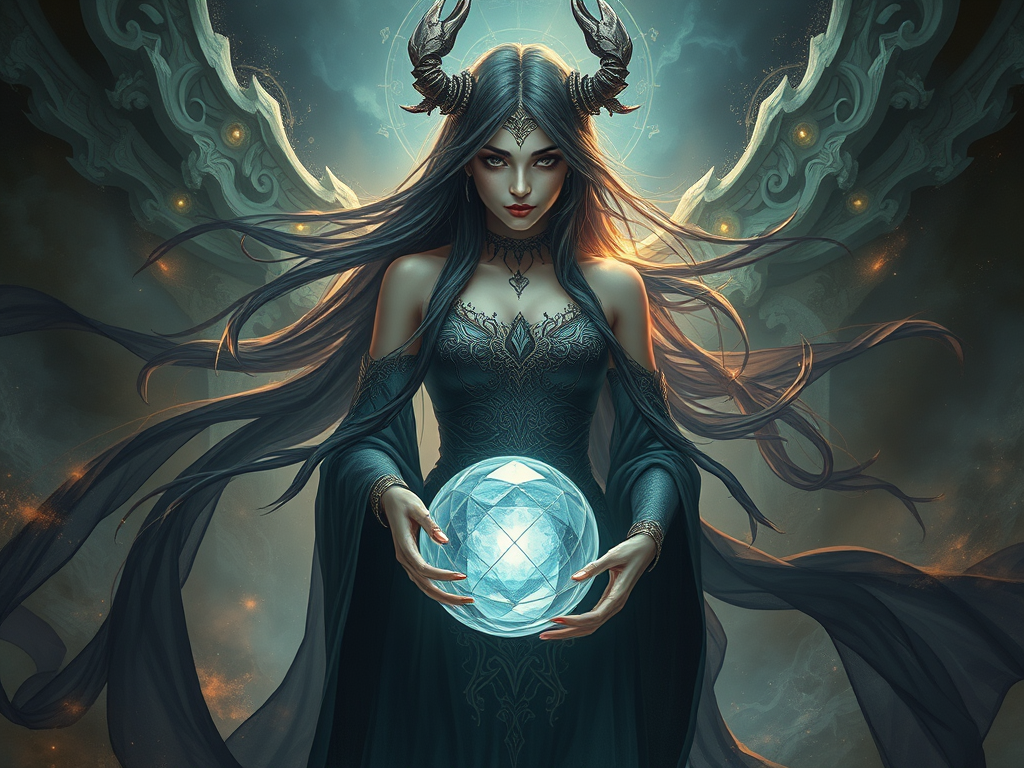 A mystical woman with long flowing hair and adorned with horns, holding a crystal ball. She wears a dark, elegant gown and stands against an ethereal backdrop filled with cosmic elements.