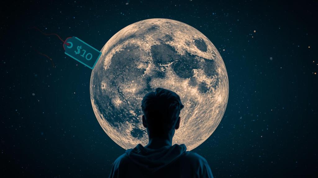 A person is gazing at a large, detailed full moon in a starry sky, with a price tag of $10 attached to it.