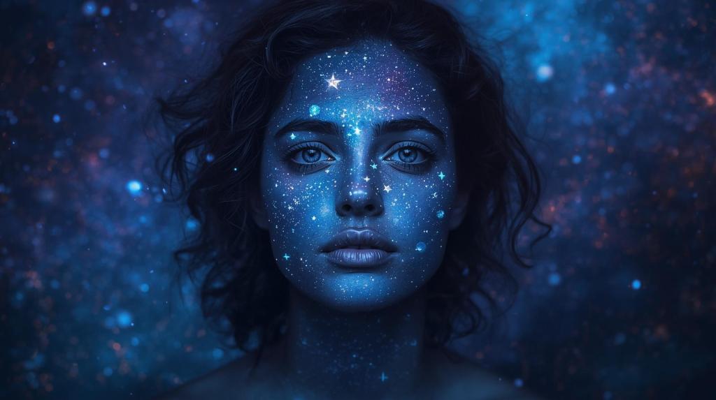 A close-up portrait of a woman with cosmic patterns of stars and galaxies on her face, surrounded by a dark blue background, evoking a sense of mystique and otherworldliness.