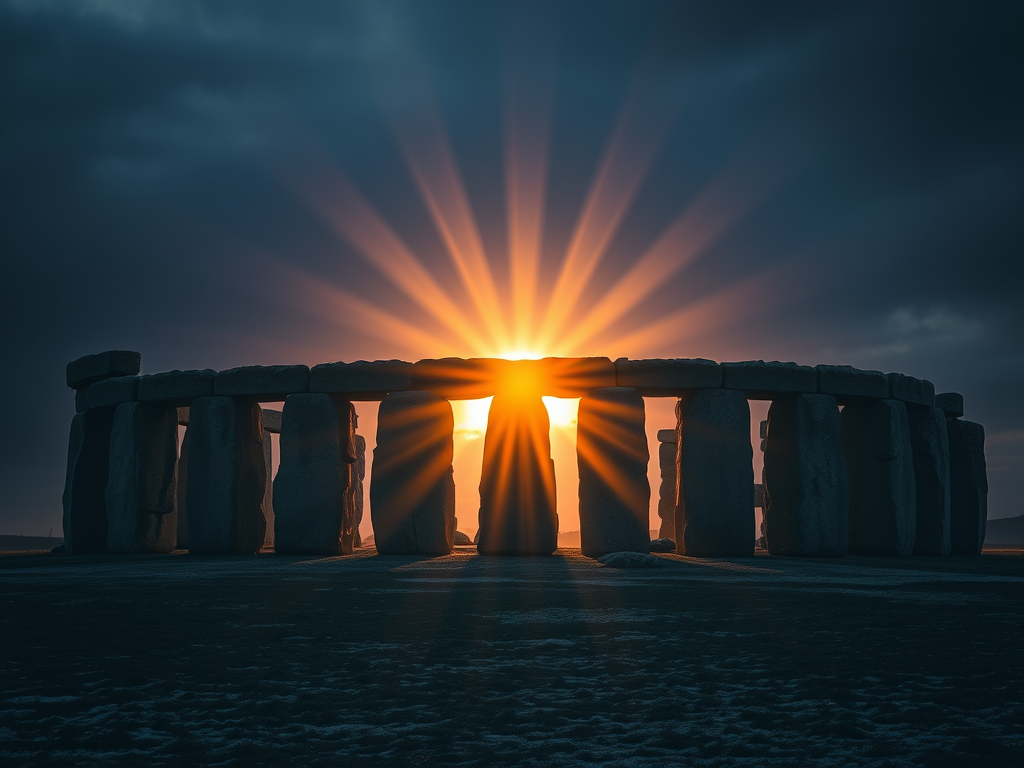 Sunrise behind Stonehenge, with rays of light emanating through the upright stones against a dark sky.